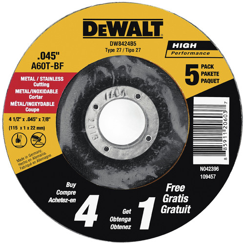 Grinding, Sanding, Polishing Accessories | Dewalt DW8424B5 4-1/2 in. x 0.045 in. Metal Cutting Wheels (5-Pack) image number 0