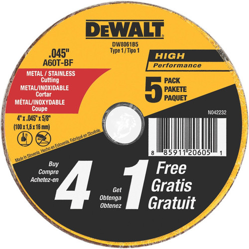 Grinding, Sanding, Polishing Accessories | Dewalt DW8061B5 4 in. x 0.045 in. Metal and Stainless Steel Cutting Wheels (5-Pack) image number 0
