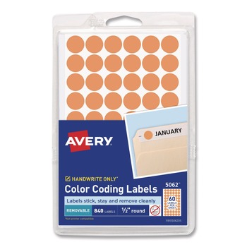 Avery 05062 0.5 in. Diameter Handwrite Only Self-Adhesive Removable Round Color-Coding Labels - Neon Orange (840/Pack)