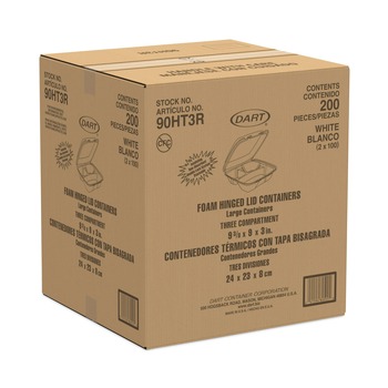 Dart 9 in. x 9.4 in. x 3 in. 8 oz. 3-Compartment Foam Hinged Lid Container - White (200/Carton) - 90HT3R