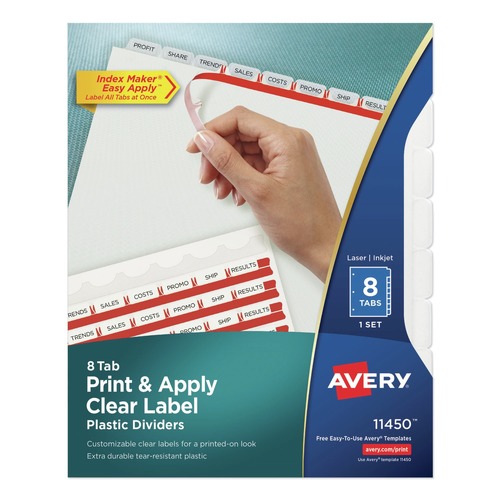 July Member-Exclusive Offer Save 10% off on One Item | Avery 11450 11 in. x 8.5 in. 8-Tab Clear Label Plastic Dividers with Printable Label Strip - Frosted Clear Tabs (1-Set) image number 0