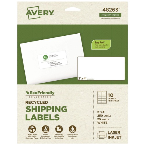 July Member-Exclusive Offer Save 10% off on One Item | Avery 48263 2 in. x 4 in. EcoFriendly Mailing Labels for Inkjet/Laser Printers - White (10/Sheet, 25 Sheets/Pack) image number 0