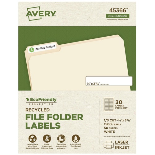 July Member-Exclusive Offer Save 10% off on One Item | Avery 45366 0.66 in. x 3.44 in. EcoFriendly Permanent File Folder Labels - White (30/Sheet, 50 Sheets/Box) image number 0