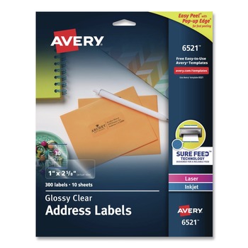 Avery 06521 Easy Peel 1 in. x 2.63 in. Inkjet/Laser Printers Mailing Labels with Sure Feed Technology - Glossy Clear (300/Pack)