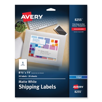 BKT 700310 | Avery 08255 8.5 in. x 11 in. Full-Sheet Vibrant Inkjet Color-Print Labels - Matte White (20/Pack)