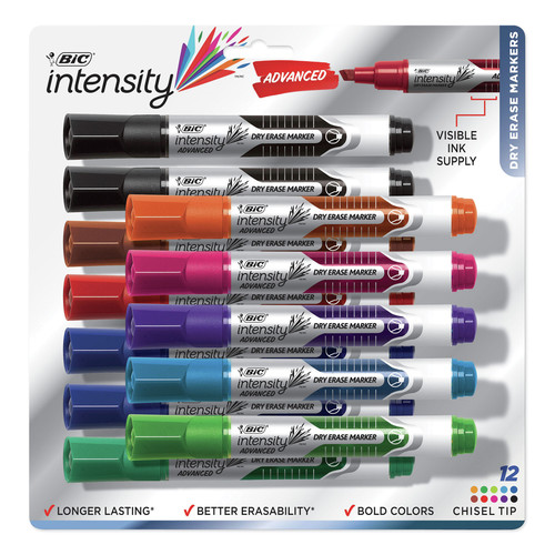  | BIC GELITP121-AST Intensity Advanced Tank-Style Chisel Tip Dry Erase Marker - Broad/Assorted Colors (12/Set) image number 0