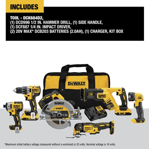 Dewalt 6 Tool Combo Kit XR 20V MAX Cordless Compact with 2 2Ah Batteries DCK684D2