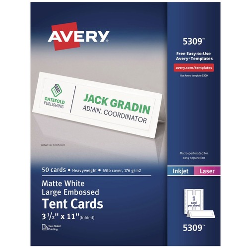 July Member-Exclusive Offer Save 10% off on One Item | Avery 05309 11 in. x 3.5 in. Large Embossed Tent Card - White (1 Card/Sheet, 50 Sheets/Box) image number 0
