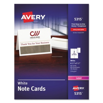 Avery 05315 80 lbs. 4.25 in. x 5.5 in. Note Cards with Matching Envelopes for Laser Printers - Uncoated White (60 Cards, 2 Cards/Sheet, 30 Sheets/Box)
