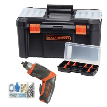 TOOL STORAGE | Black & Decker 4V MAX Brushed Lithium-Ion Cordless Screwdriver With Picture-Hanging Kit and 16 in. Tool Box and Organizer Bundle - BDST60096AEV