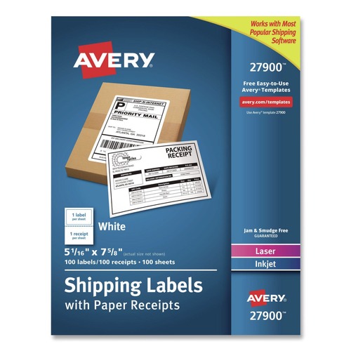 July Member-Exclusive Offer Save 10% off on One Item | Avery 27900 5.06 in. x 7.63 in. Inkjet/Laser Printers Shipping Labels with Paper Receipt Bulk Pack - White (100/Box) image number 0