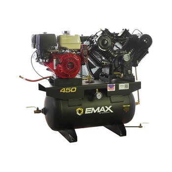 STATIONARY AIR COMPRESSORS | EMAX 13 HP 30 Gallon 2-Stage Industrial Plus V4 Pressure Lubricated Solid Cast Iron Pump 31 CFM Honda GX390 Gas Engine Air Compressor - Truck Mount - EGES1330V4