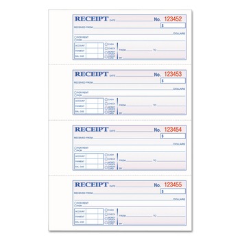 Adams 7 x 2.75 Three-Part Carbonless Casebound (Hard Cover) Money/Rent Receipt Book, 200 Forms Total - TCH1185