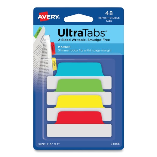 July Member-Exclusive Offer Save 10% off on One Item | Avery 74866 2.5 in. x 1 in. 1/5-Cut Ultra Tabs Repositionable Tabs - Assorted Colors (48/Pack) image number 0