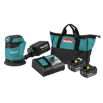 RANDOM ORBITAL SANDERS | Makita 18V LXT Lithium-Ion 5 in. Cordless Random Orbit Sander and 2 Batteries with Rapid Optimum Charger Bundle (4 Ah) - XOB01Z-BL1840BDC2