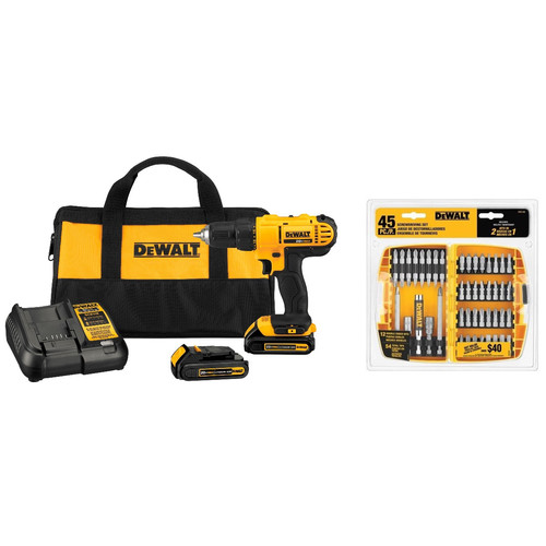Dewalt 20V MAX Cordless Lithium Ion 1 2 in. Compact Drill Driver Kit with 45 Pc Screwdriving Bit Set DCD771C2 2166 BNDL
