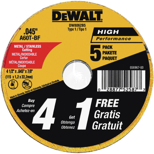 Grinding, Sanding, Polishing Accessories | Dewalt DW8062B5 4-1/2 in. x 0.045 in. Metal and Stainless Steel Cutting Wheels (5-Pack) image number 0