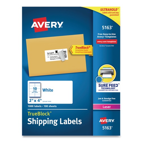 July Member-Exclusive Offer Save 10% off on One Item | Avery 05163 2 in. x 4 in. Shipping Labels with TrueBlock Technology for Laser Printers - White (10/Sheet, 100 Sheets/Box) image number 0