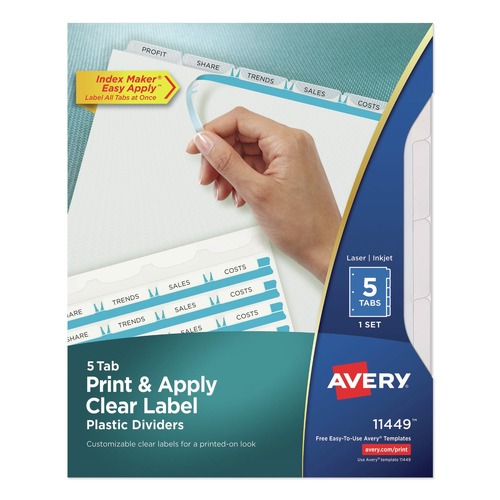 July Member-Exclusive Offer Save 10% off on One Item | Avery 11449 11 in. x 8.5 in. 5-Tab Clear Label Plastic Dividers with Printable Label Strip - Frosted Clear Tabs (1-Set) image number 0