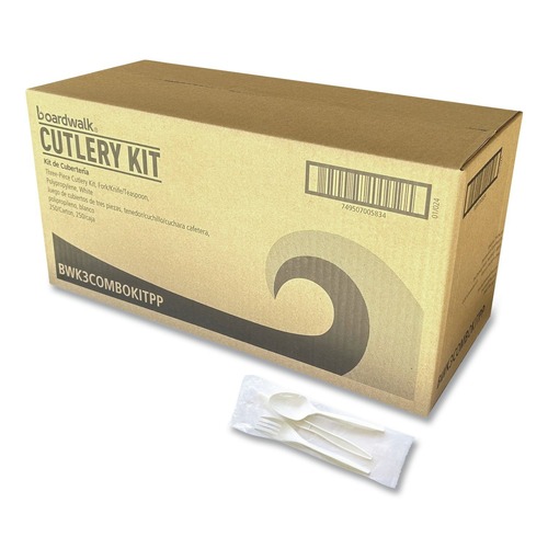  | Boardwalk BWK3COMBOKITPP 6.97 in. Plastic Mediumweight Fork/Knife/Spoon 3-Piece Cutlery Kit - White (250/Carton) image number 0