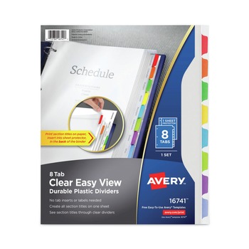 Avery 16741 8-Tab 11 in. x 8.5 in. Easy View Plastic Dividers with Multicolored Tabs and Sheet Protector - Clear (1-Set)