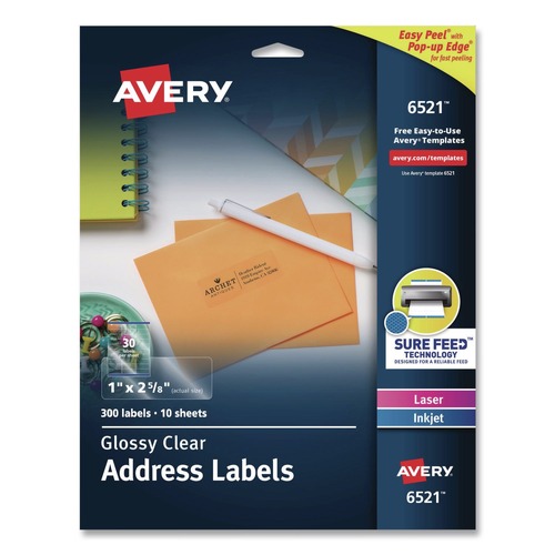 July Member-Exclusive Offer Save 10% off on One Item | Avery 06521 Easy Peel 1 in. x 2.63 in. Inkjet/Laser Printers Mailing Labels with Sure Feed Technology - Glossy Clear (300/Pack) image number 0