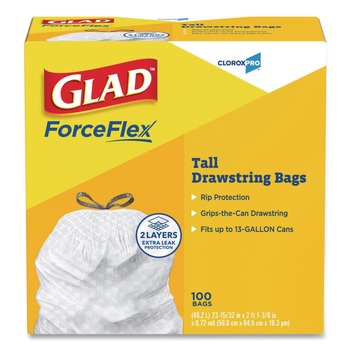Glad 78526 13 Gallon 0.72 mil 24 in. x 27.38 in. Tall Kitchen Drawstring Trash Bags - Gray (100/Box)