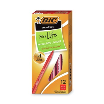 BIC Round Stic Xtra Life Medium 1 mm. Stick Ballpoint Pen - Red Ink/Translucent Red Barrel (1-Dozen) - GSM11 RED