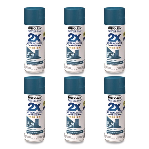 Paint | Rust-Oleum 331188 Painter's Touch 2X Ultra Cover Spray Paint, Ultra Matte Blue, 12 oz Aerosol Can, 6/Carton image number 0