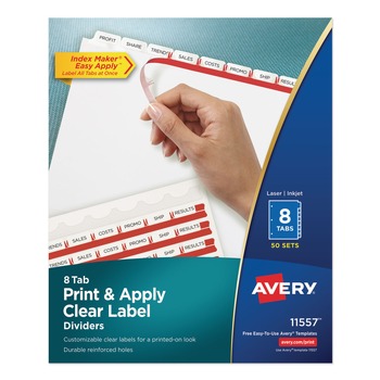 Avery Index Maker 11 in. x 8.5 in. 8-Tab Print and Apply Clear Label Dividers - White (50/Box) - 11557