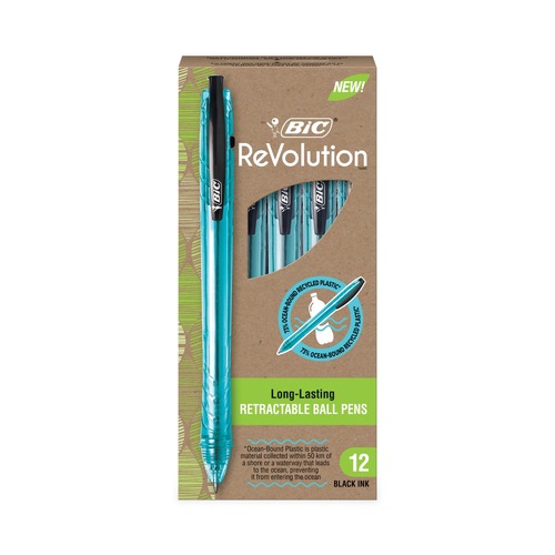  | BIC BPRR11BK ReVolution Ocean Bound Medium 1 millimeter Retractable Ballpoint Pen - Black Ink/Translucent Blue Barrel (1-Dozen) image number 0