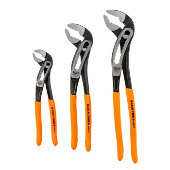 Klein Tools 3-Piece Classic Klaw Pump Pliers Set, 7-Inch, 10-Inch, and 12-Inch Pump Pliers, Compact Design with V-Jaw and Hardened Teeth for Maximum Torque - D5053KIT