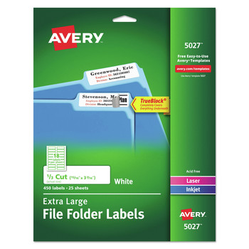 Avery 05027 0.94 in. x 3.44 in. Extra-Large TrueBlock File Folder Labels with Sure Feed Technology - White (18/Sheet, 25 Sheets/Pack)