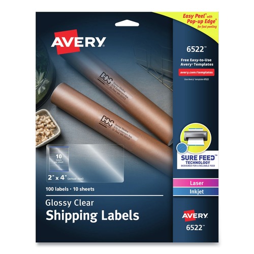 July Member-Exclusive Offer Save 10% off on One Item | Avery 06522 Easy Peel 2 in. x 4 in. Mailing Labels with Sure Feed Technology - Glossy Clear (10/Sheet, 10 Sheets/Packt) image number 0