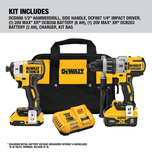 Factory Reconditioned Dewalt 20V MAX XR Brushless Lithium Ion 1 2 in. Cordless Hammer Drill and 1 4 in. Impact Driver Combo Kit with 2 Batteries 2 Ah 8 Ah DCK299D1W1R