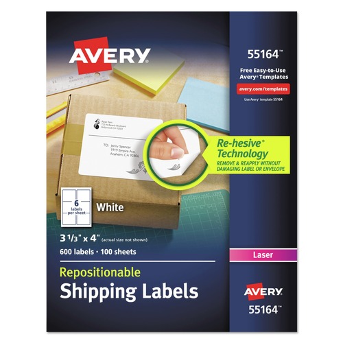 July Member-Exclusive Offer Save 10% off on One Item | Avery 55164 3.33 in. x 4 in. Repositionable Shipping Labels with Sure Feed for Laser Printers - White (100/Box) image number 0