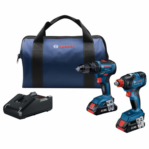 On Sale | Bosch GXL18V-233B25 18V Brushless Lithium-Ion 1/2 in. Cordless Hammer Drill Driver and 2-in-1 1/4 in. and 1/2 in. Bit Socket Impact Wrench Kit (4 Ah) image number 0