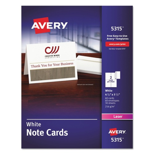 July Member-Exclusive Offer Save 10% off on One Item | Avery 05315 80 lbs. 4.25 in. x 5.5 in. Note Cards with Matching Envelopes for Laser Printers - Uncoated White (60 Cards, 2 Cards/Sheet, 30 Sheets/Box) image number 0