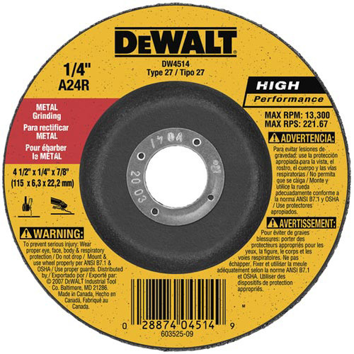 Dewalt DW4514 4-1/2 in. x 1/4 in. A24R High Performance Metal Grinding Abrasive image number 0