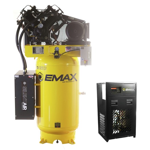 Stationary Air Compressors | EMAX ESP07V080V3PK E450 Series 7.5 HP 80 gal. Industrial Plus 2 Stage Pressure Lubricated 3-Phase 31 CFM @100 PSI Patented SILENT Air Compressor with 30 CFM Air Dryer image number 0