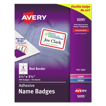 Avery 05095 3.38 in. x 2.33 in. Flexible Adhesive Name Badge Labels - White/Red Border (50/Box)