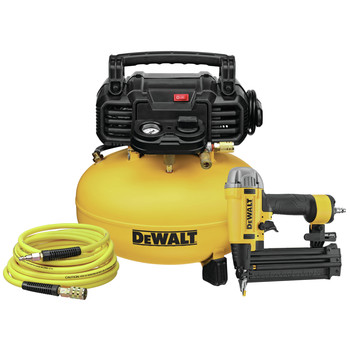 COMPRESSOR COMBO KITS | Dewalt 18 Gauge 2-1/8 in. Pneumatic Brad Nailer and 0.9 HP 6 Gallon Oil-Free Pancake Compressor Combo Kit - DWFP1KIT