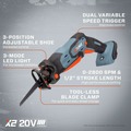 Reciprocating Saws | Senix PSRX2-M1-0 20V Max Compact Variable Speed 1/2 in. Cordless Reciprocating Saw (Tool Only) image number 3