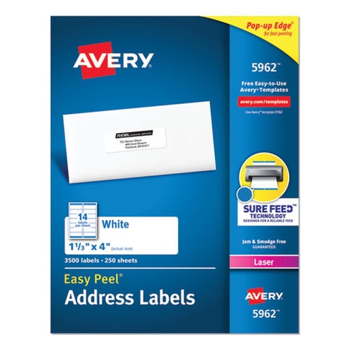 July Member-Exclusive Offer Save 10% off on One Item | Avery 05962 1.33 in. x 4 in. Easy Peel Address Labels with Sure Feed Technology for Laser Printers - White (14/Sheet, 250 Sheets/Box) image number 0