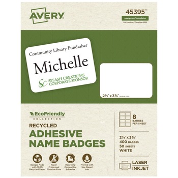 Avery 3.38 in. x 2.33 in. EcoFriendly Adhesive Name Badge Labels - White (50/Box) - 45395