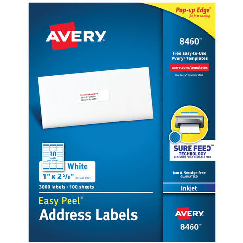 July Member-Exclusive Offer Save 10% off on One Item | Avery 08460 1 in. x 2.63 in. Easy Peel Address Labels with Sure Feed Technology for Inkjet Printers - White (30/Sheet, 100 Sheets/Box) image number 0