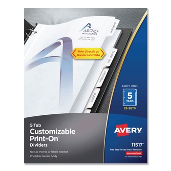 Avery 11517 Print-On 11 in. x 8.5 in. 5-Tab 3-Hole Customizable Punched Dividers - White (125/Pack)