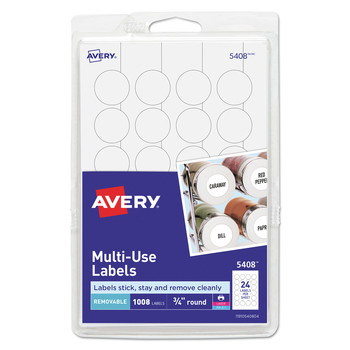 Avery 0.75 in. Diameter Removable Multi-Use Labels for Inkjet/Laser Printers - White (24/Sheet, 42 Sheets/Pack) - 05408