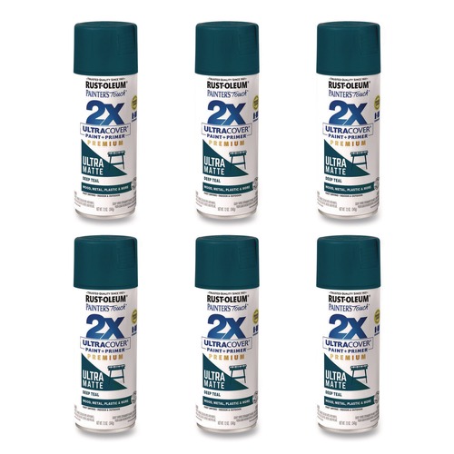 Paint | Rust-Oleum 331185 Painter's Touch 2X Ultra Cover Spray Paint, Ultra Matte Teal, 12 oz Aerosol Can, 6/Carton image number 0