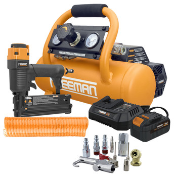 PORTABLE AIR COMPRESSORS | Freeman 1 Gal. Cordless Air Compressor with Finish Nailer/Stapler, 4 Ah Battery, Charger, and Accessories – 700 Shots per Charge - PE1GCCK